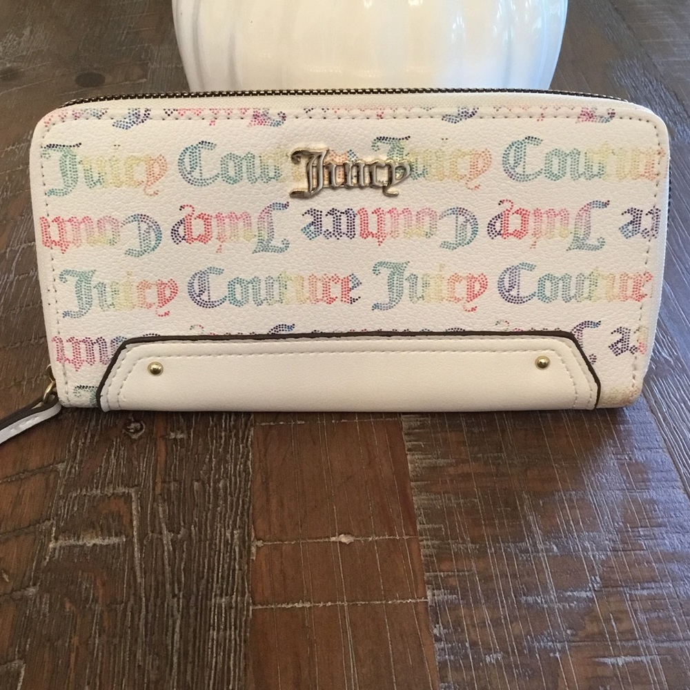 Juicy Couture White Multicolor Logo Zip Wallet with Gold Hardware